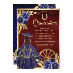 Navy Floral Dress Charro Burugundy Quinceanera