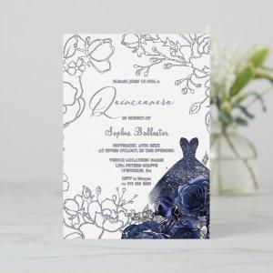 Navy Floral & Dress Quinceanera Silver Leaf  Foil