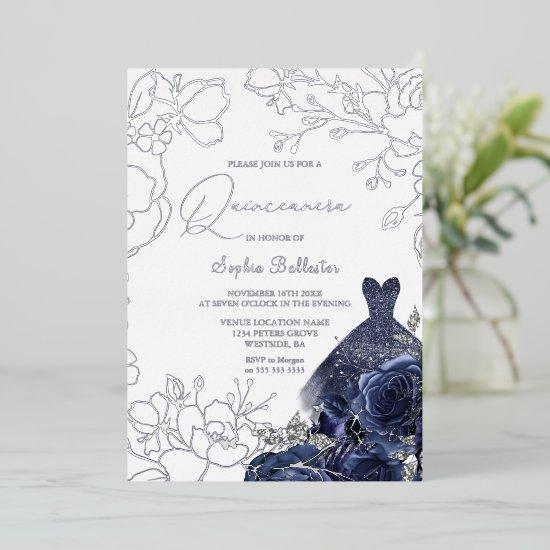 Navy Floral & Dress Quinceanera Silver Leaf  Foil