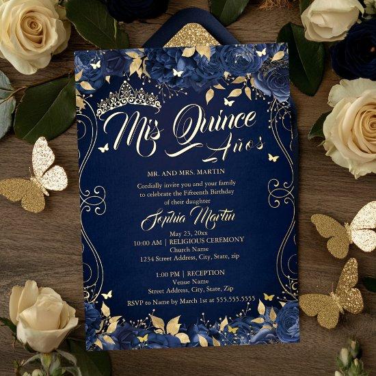 Navy Floral Garden Gold Mis Quince Quinceanera  Foil