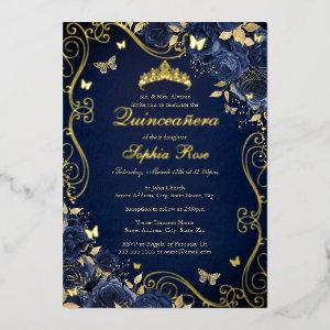Navy Floral Gold Swirl Butterfly Quinceanera Foil