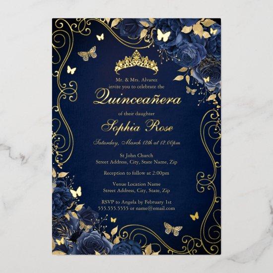 Navy Floral Gold Swirl Butterfly Quinceanera Foil