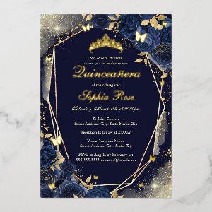 Navy Gold Butterfly Floral Quinceanera Foil