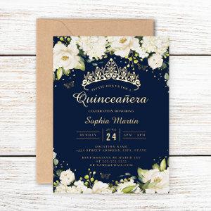 Navy Gold Champagne Floral Quinceanera  Foil