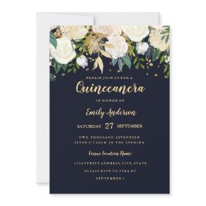 Navy Gold Floral Glitter Quinceanera Birthday