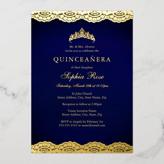 Navy Gold Lace Tiara Quinceanera Foil Foil