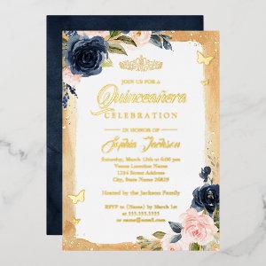 Navy Gold Quinceanera Floral Sparkle Tiara  Foil