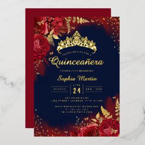 Navy Gold Red Butterfly Floral Quinceanera  Foil
