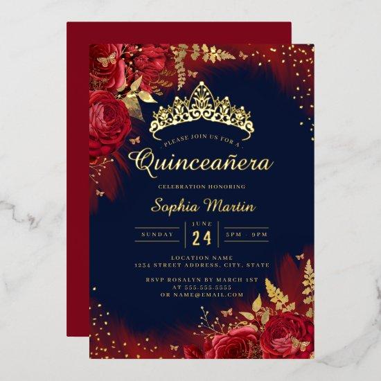 Navy Gold Red Butterfly Floral Quinceanera  Foil