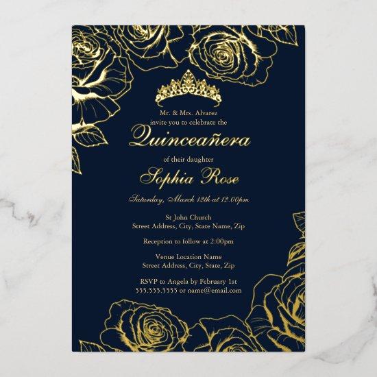 Navy Gold Rose Garden Quinceanera  Foil