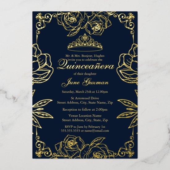 Navy Gold Rose Garden Quinceanera Foil