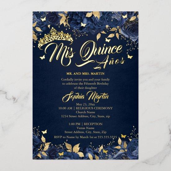 Navy Gold Rose Mis Quince Quinceanera  Foil