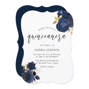 Navy Indigo Blue Floral Gold Leaf Quinceanera