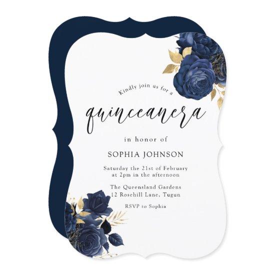 Navy Indigo Blue Floral Gold Leaf Quinceanera