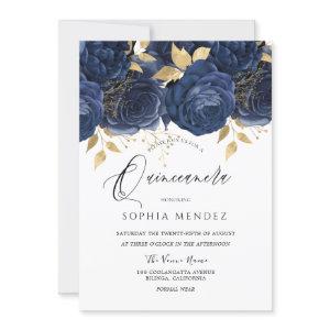 Navy Indigo Blue & Gold Floral Quinceanera Party
