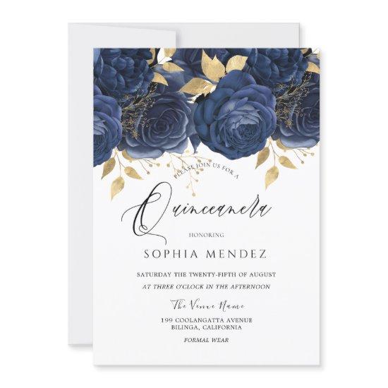 Navy Indigo Blue & Gold Floral Quinceanera Party