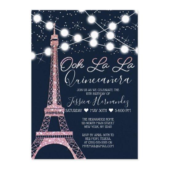 Navy Paris Eiffel Tower Glitter Lights Quinceañera