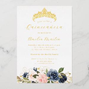Navy Pink Blooming Floral Butterfly Quinceanera Foil