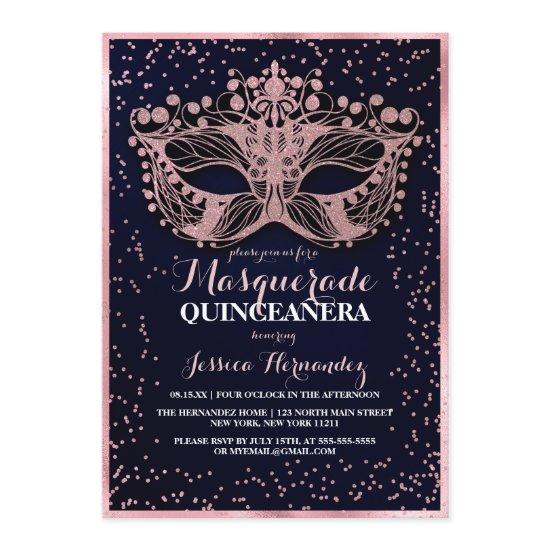 Navy Pink Glitter Confetti Masquerade Quinceañera