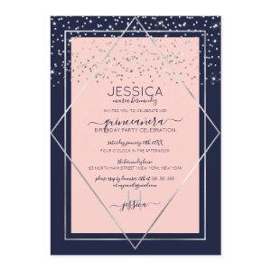 Navy Pink Silver Confetti Border Quinceañera