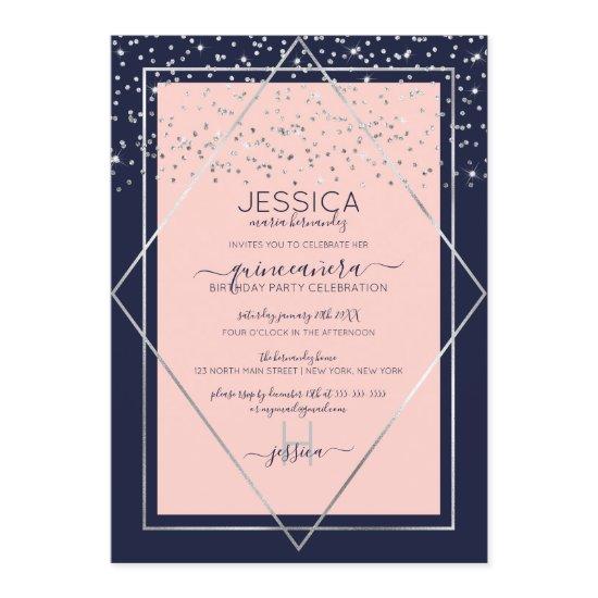 Navy Pink Silver Confetti Border Quinceañera