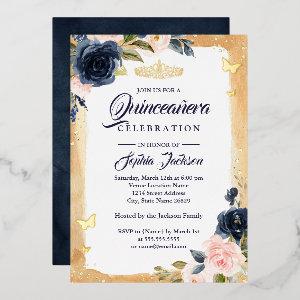 Navy Quinceanera Floral Gold Sparkle Tiara Foil