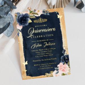 Navy Quinceanera Floral Sparkle Gold Tiara Foil