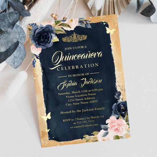 Navy Quinceanera Floral Sparkle Gold Tiara Foil