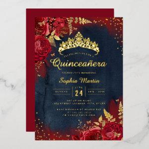 Navy Red Gold Butterfly Floral Quinceanera  Foil