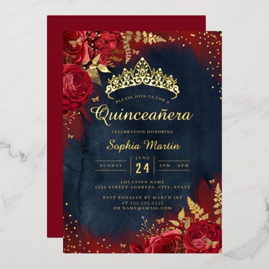 Navy Red Gold Butterfly Floral Quinceanera  Foil