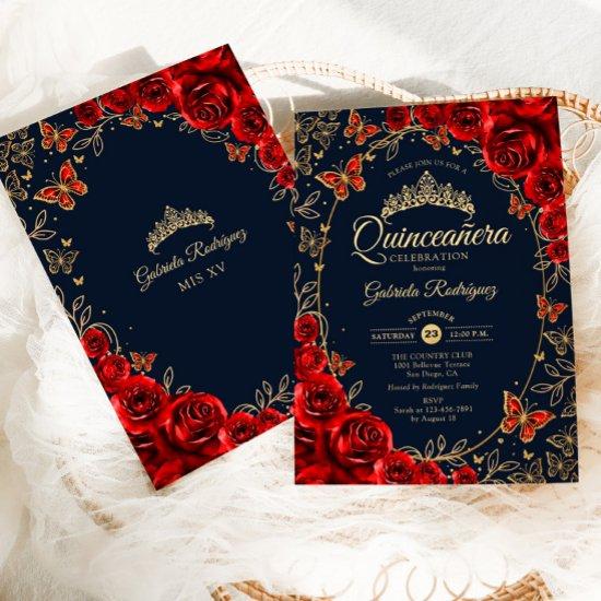 Navy Red Gold Quinceanera