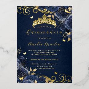 Navy Rose Floral Gold Swirl Quinceanera   Foil