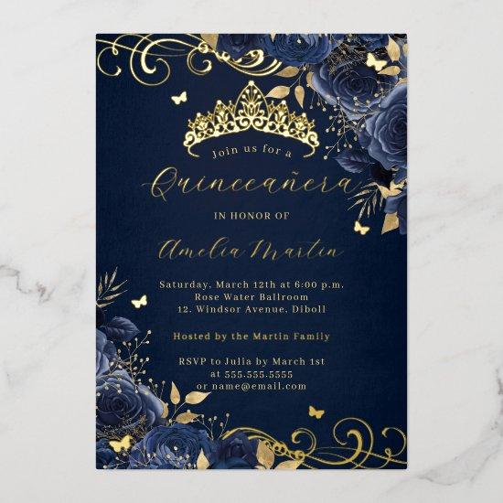 Navy Rose Floral Gold Swirl Quinceanera   Foil