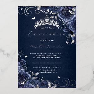 Navy Rose Floral Silver Swirl Quinceanera   Foil