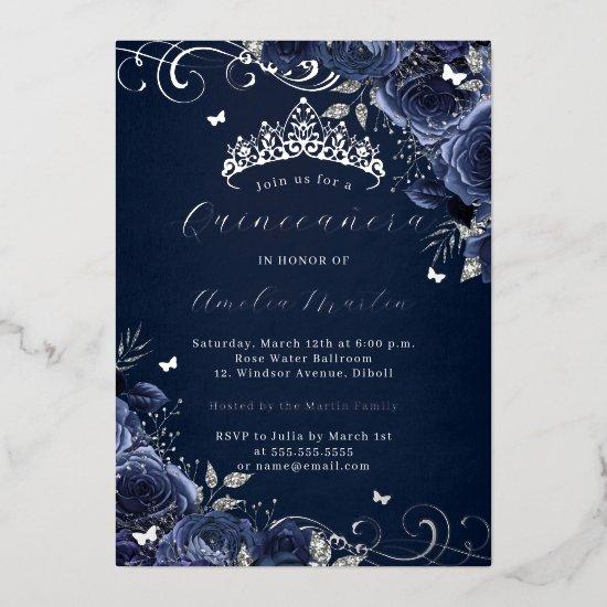 Navy Rose Floral Silver Swirl Quinceanera   Foil