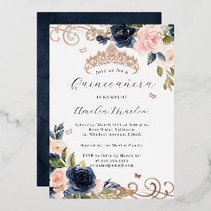 Navy Rose Gold Blush Floral Swirl Quinceanera   Foil