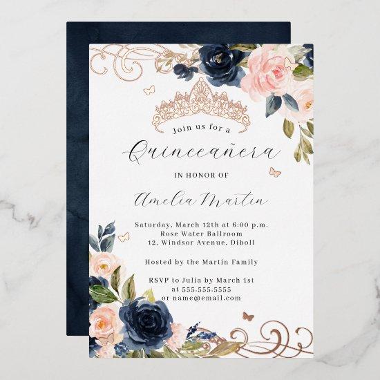 Navy Rose Gold Blush Floral Swirl Quinceanera   Foil