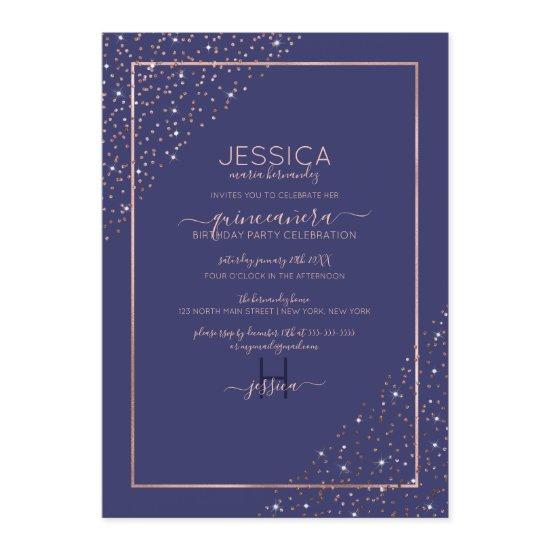 Navy Rose Gold Confetti Corners Quinceañera