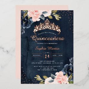 Navy Rose Gold Floral Quinceanera  Foil