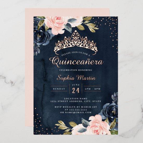 Navy Rose Gold Floral Quinceanera  Foil