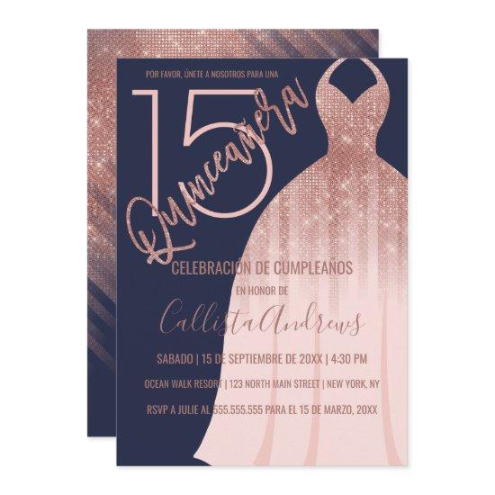 Navy Rose Gold Glitter Dress Español Quinceañera