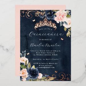 Navy Rose Gold Pink Floral Swirl Quinceanera   Foil