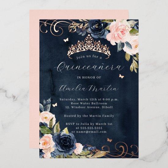 Navy Rose Gold Pink Floral Swirl Quinceanera   Foil