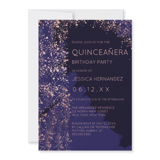 Navy Rose Gold Splatter Brushstroke Quinceañera