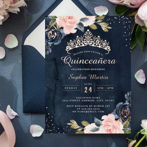 Navy Rose Gold Watercolor Quinceanera  Foil
