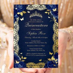 Navy Rose Lace Butterfly Quinceanera Birthday  Foil