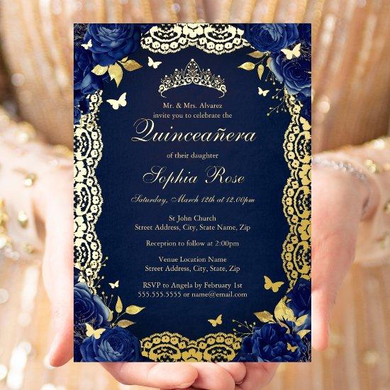Navy Rose Lace Butterfly Quinceanera Birthday  Foil