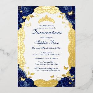 Navy Rose Lace Quinceanera Birthday  Foil