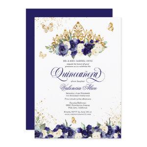 Navy Royal Blue Floral Tiara Butterfly Quinceanera
