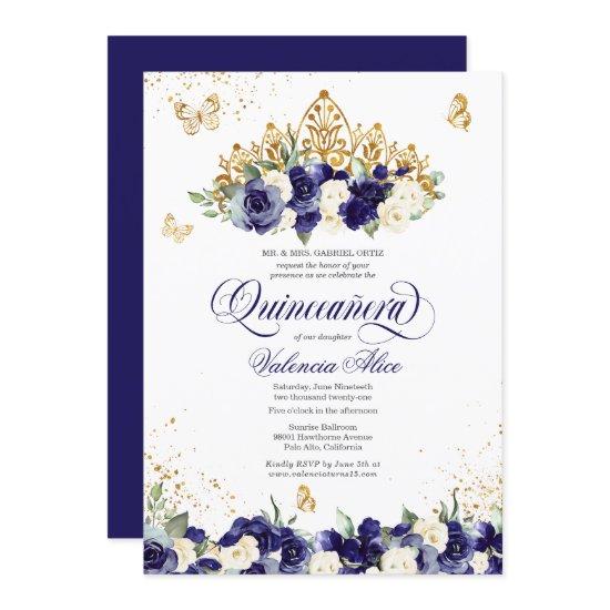 Navy Royal Blue Floral Tiara Butterfly Quinceanera